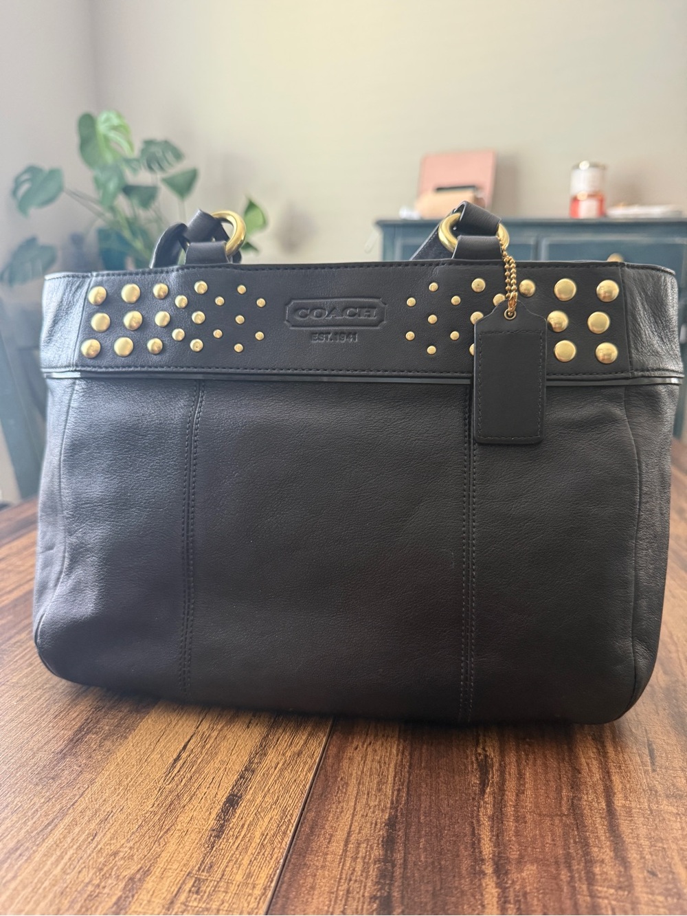 Coach Black Leather Shoulder Tote with Gold Stud Accents - Picture 2 of 10